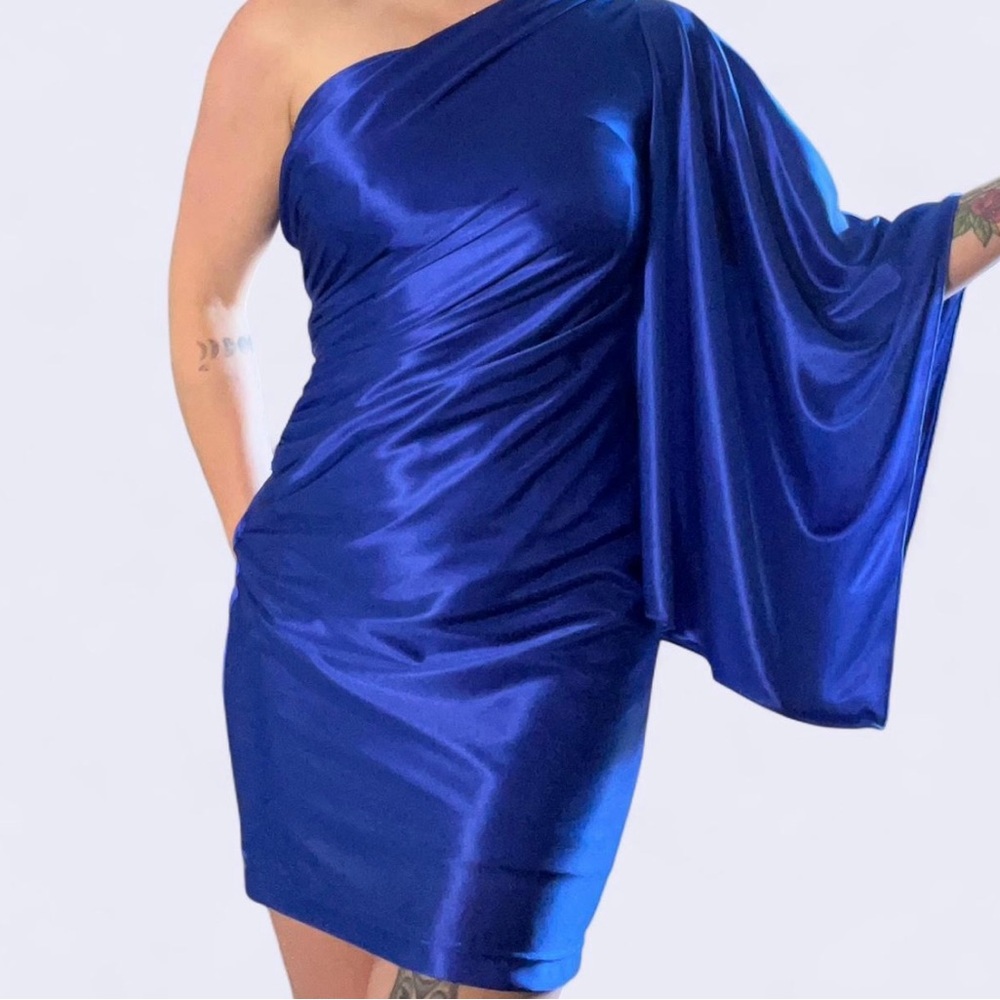 Blue Asymmetrical Ruched Cocktail Dress